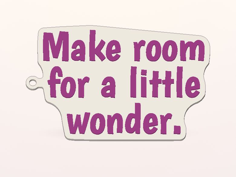 Example of the Quote & Text Keepsake: plum lettering on a cream foundation with gentle flowing curves hugging the text and a centered left keyring hole, 4 inches wide